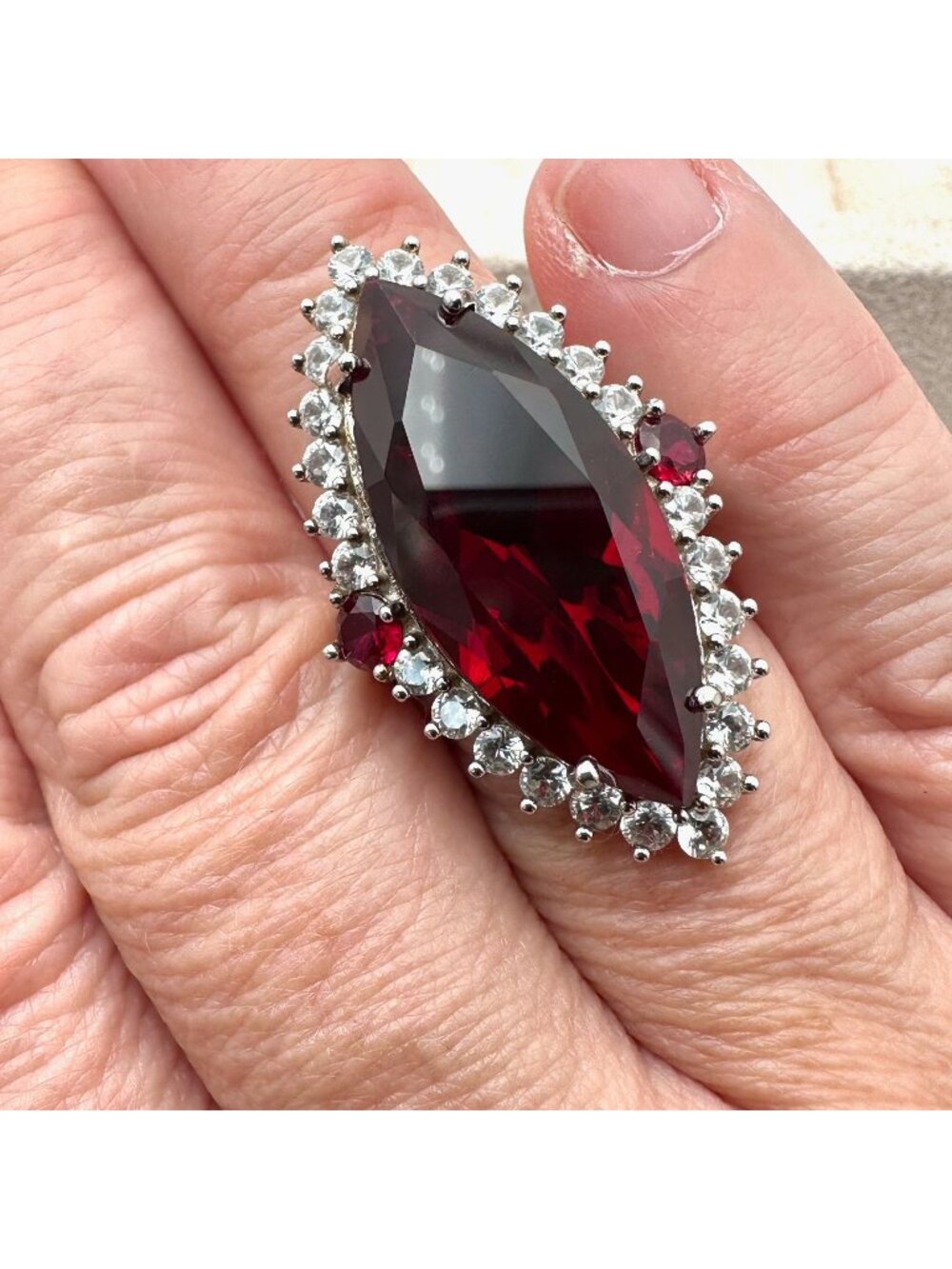 Ruby White Sapphire Ring Sterling Silver Statement Jewelry Size 8